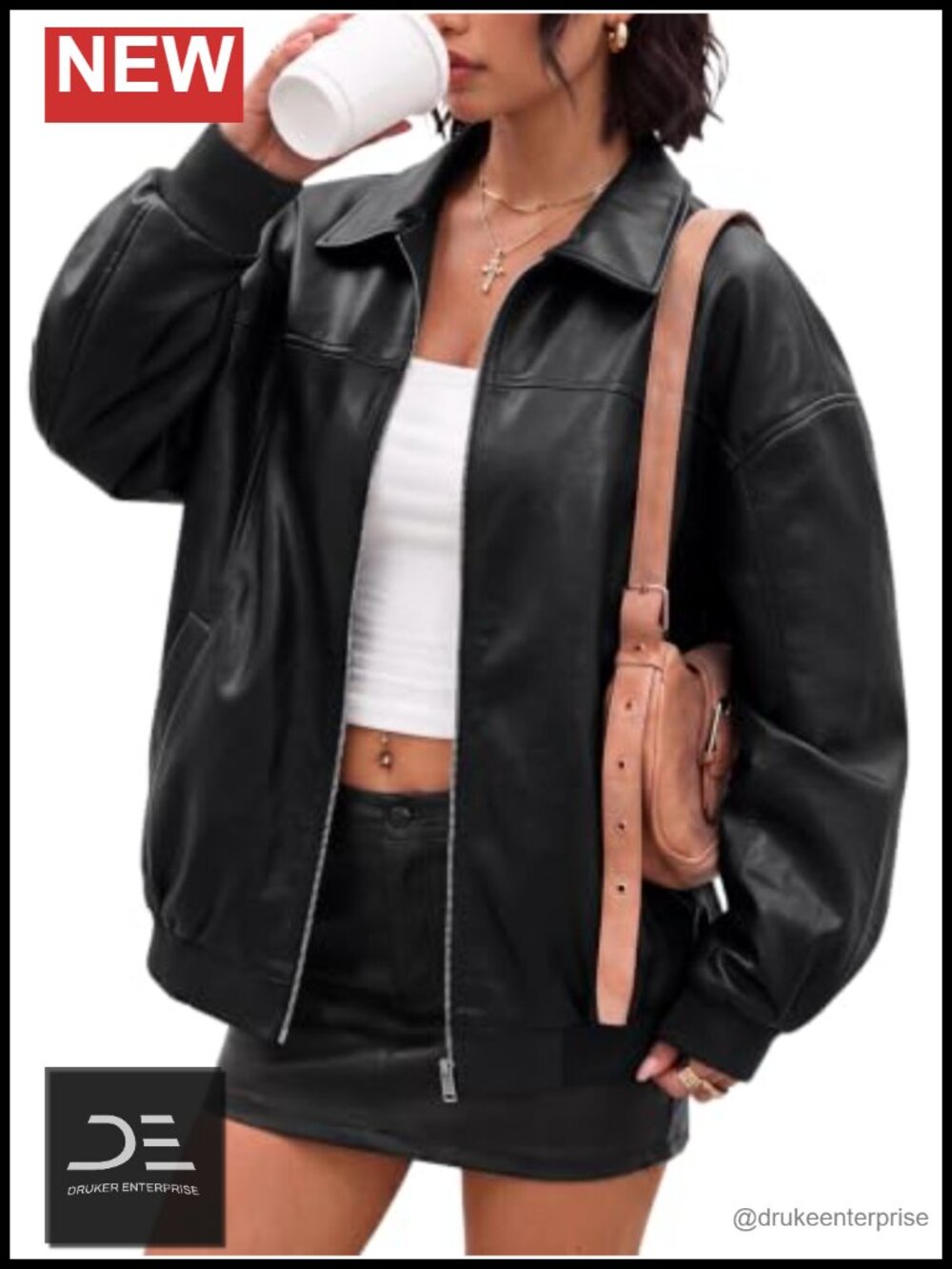 Faux Leather Oversized Zip Up Bomber Jacket Long Sleeve Women's